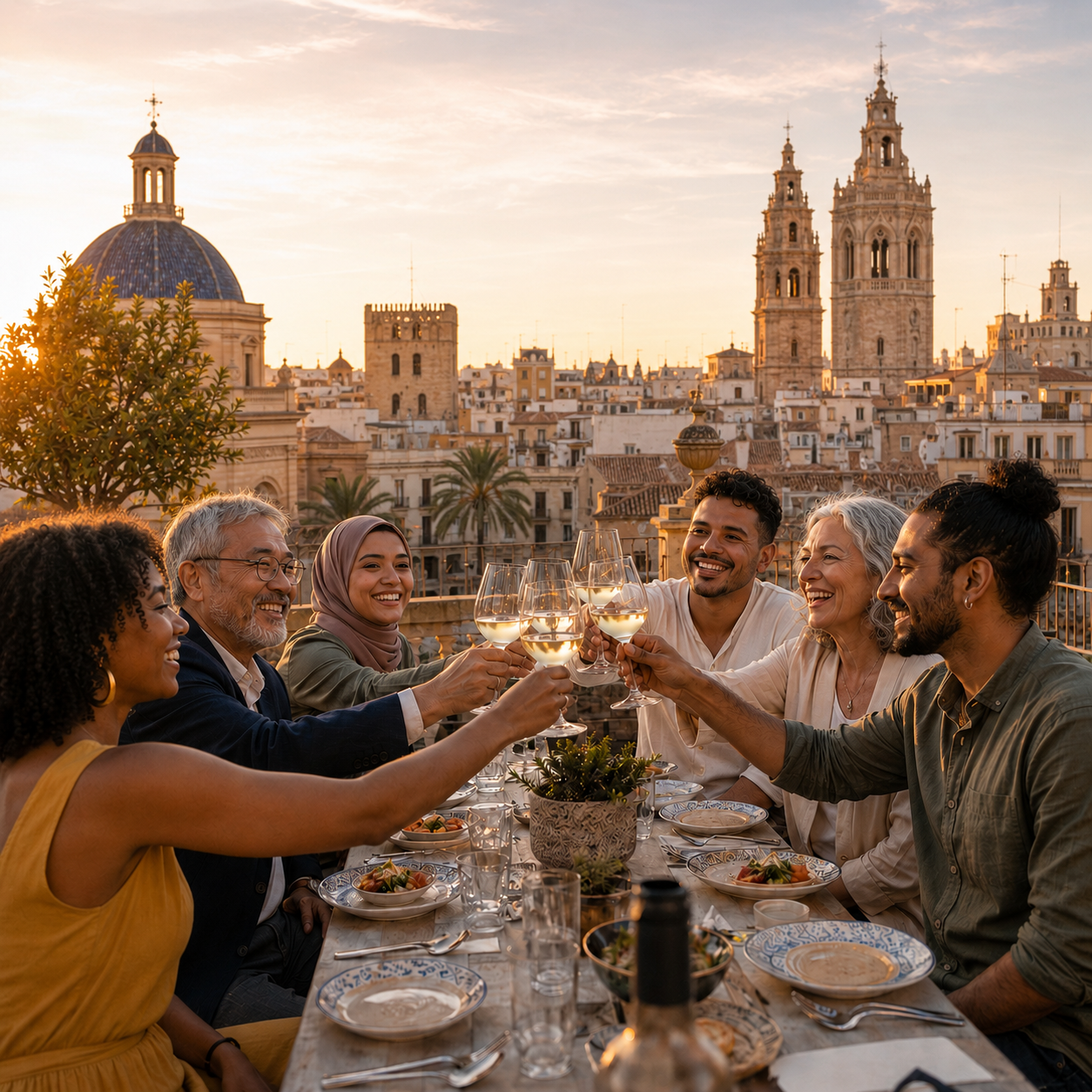 Toast on rooftop with Valencia skyline