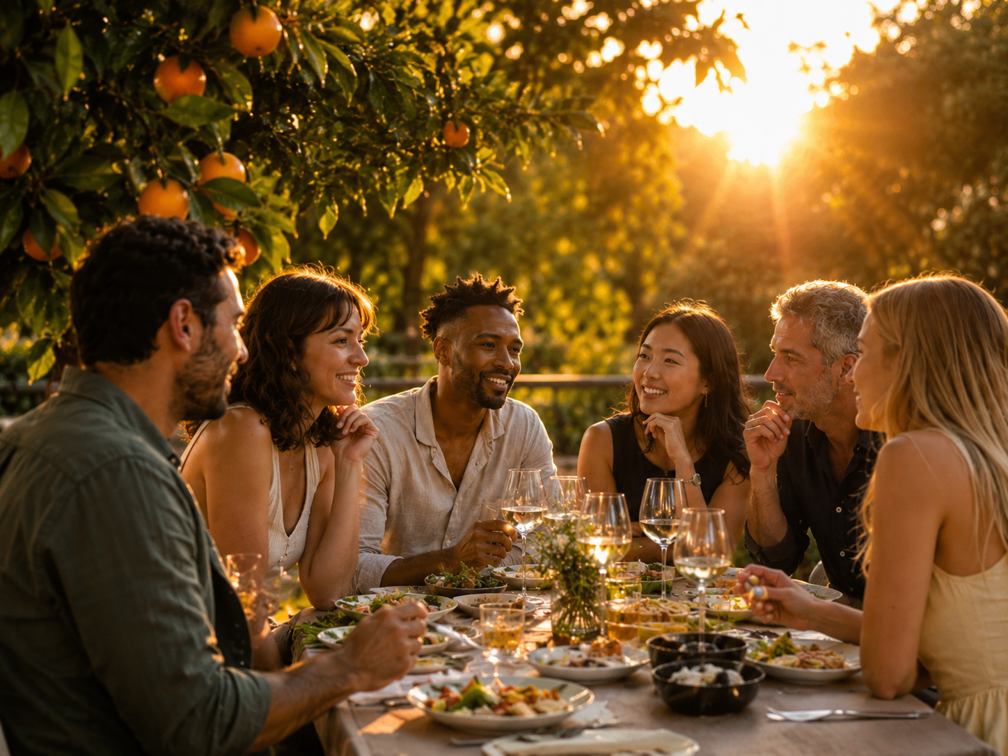 Dinner under the orange grove at sunset