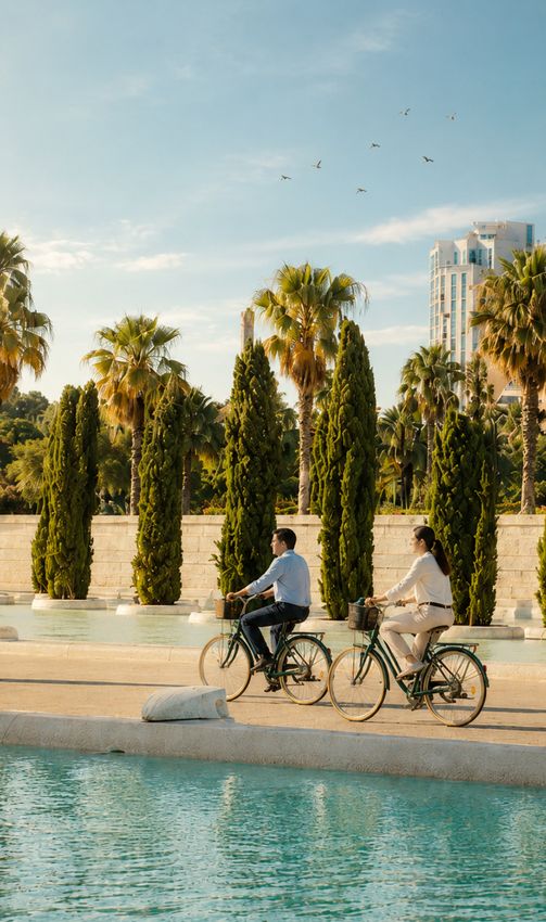 Cyclists riding through Turia gardens
