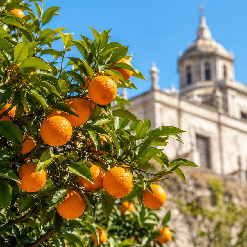 Orange tree with Valencia cathedral dome